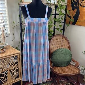 LOFT Blue and Pink Checkered Midi Dress